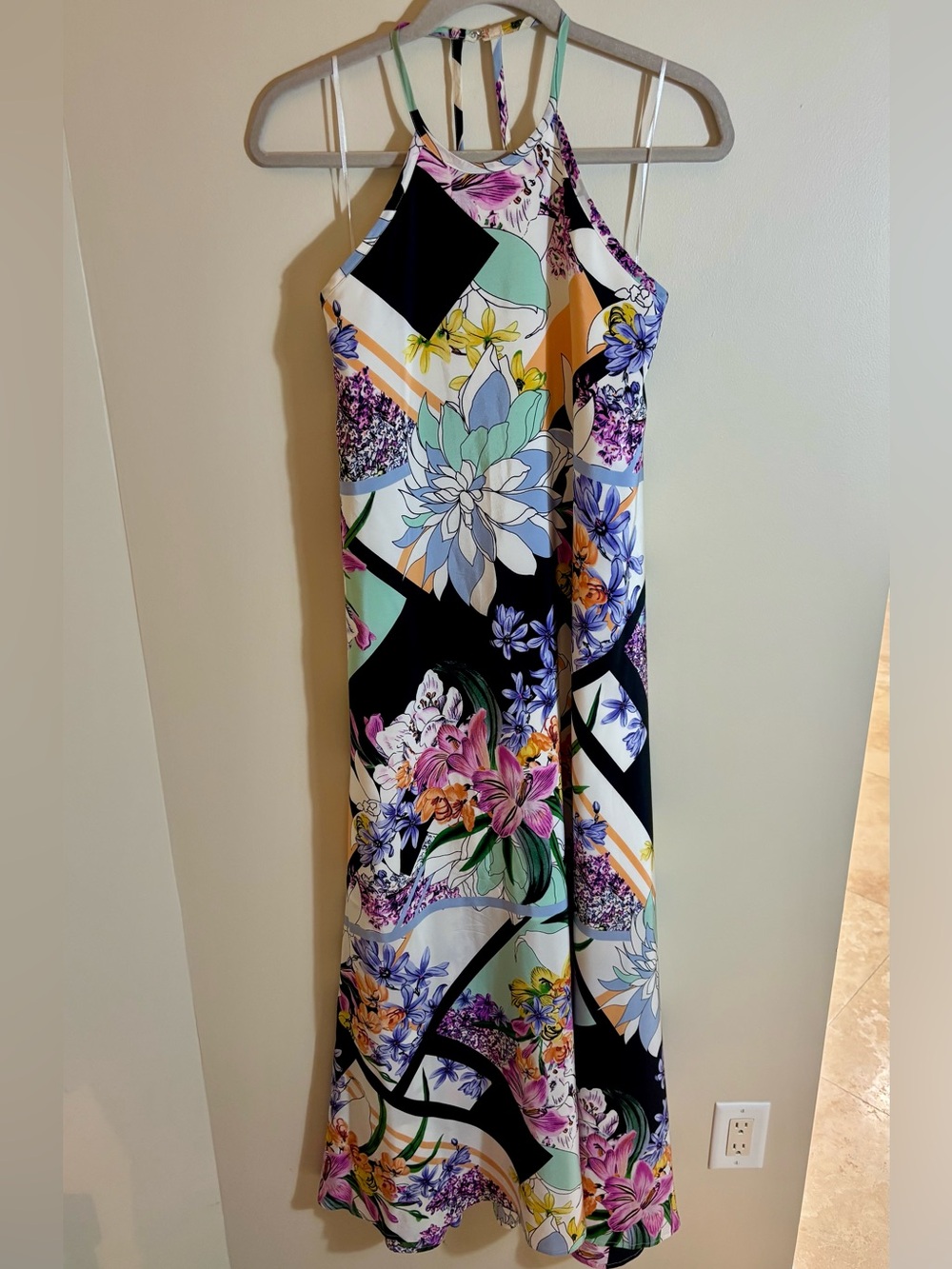 Yumi Kim Floral Halter Open Back Flowy Silk Maxi SunDress Multicolor Floral Geo